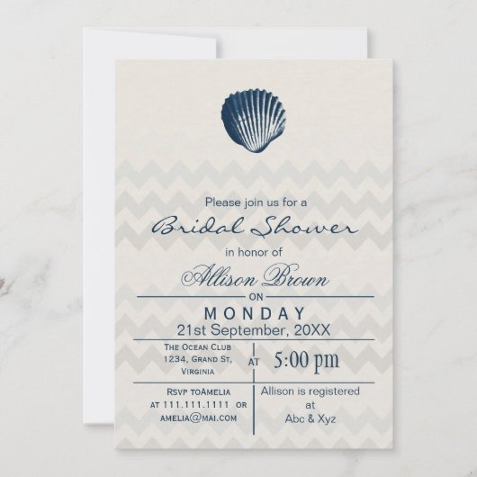 Blue Chevron Seashell Beach Invitations de douche  (Devant)