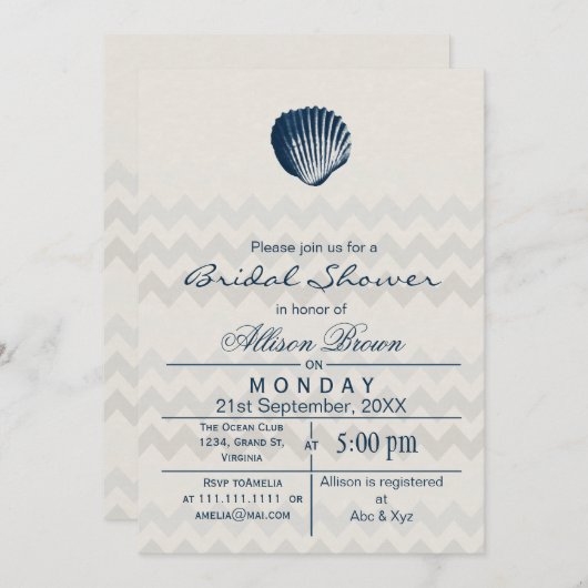 Blue Chevron Seashell Beach Invitations de douche  (Devant / Derrière)