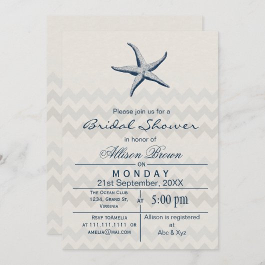 Blue Chevron Starfish Beach Invitations de douche (Devant / Derrière)