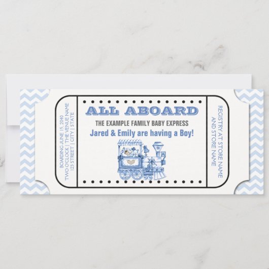 Blue Chevron  Train Ticket Baby shower Kaart (Voorkant)