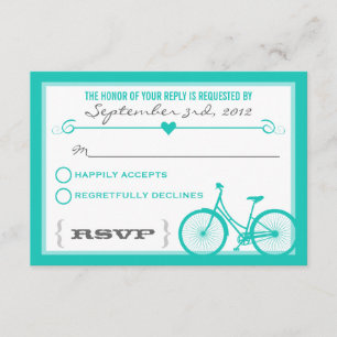 Blue Chevron Trendy Bicycle Hearts Wedding RSVP Kaartje