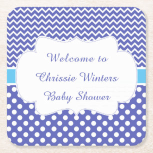 Blue Chevron & White Polka Dots Baby shower Party Vierkante Kartonnen Onderzetter