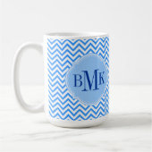 Blue Chevron Zigzag Pattern Monogram op persoonlij Koffiemok (Links)
