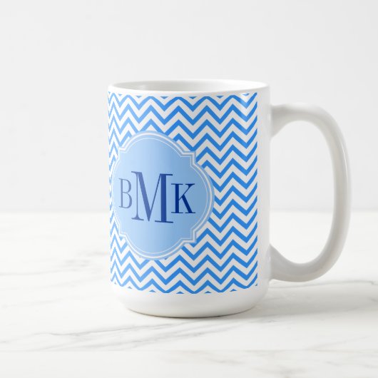 Blue Chevron Zigzag Pattern Monogram op persoonlij Koffiemok (Rechts)