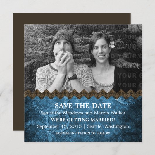 Blue Chic Steampunk Photo Save the Date Invitation (Devant / Derrière)