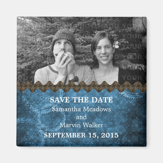 Blue Chic Steampunk Photo Save the Date Magnet (Devant)