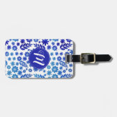 Blue China Hand Drawn Floral Pattern & Monogram Bagagelabel (Voorkant horizontaal)