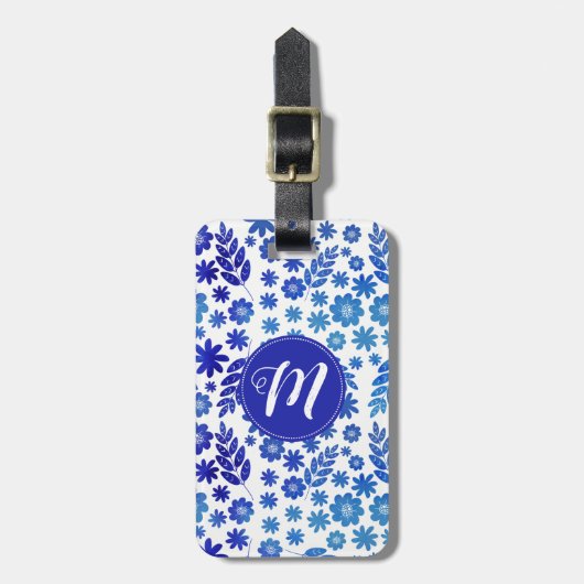 Blue China Hand Drawn Floral Pattern & Monogram Bagagelabel (Voorkant verticaal)