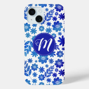 Blue China Hand Drawn Floral Pattern & Monogram