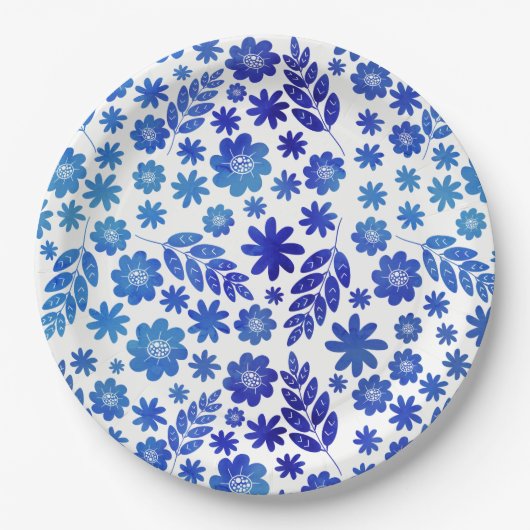 Blue China Hand Drawn Floral Pattern Papieren Bordje (Voorkant)