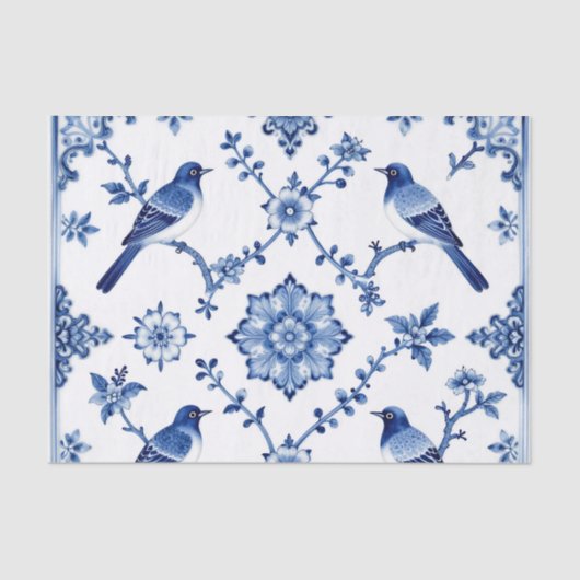 Blue Chinoiserie Bird Floral Pattern Tissuepapier (Voorkant)
