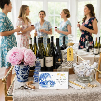 Blue Chinoiserie Bridge Wine Raffle Bridal Shower Informatiekaartje