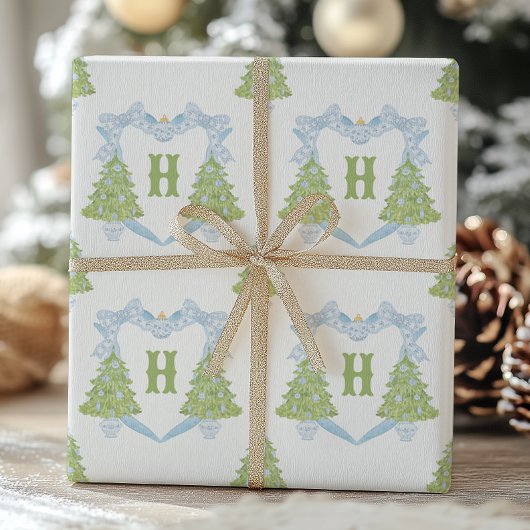 Blue Chinoiserie Christmas Tree Monogram Crest Cadeaupapier