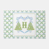 Blue Chinoiserie Christmas Tree Monogram Crest Deurmat (Voorkant)