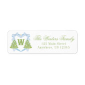 Blue Chinoiserie Christmas Tree Monogram Crest Etiket (Voorkant)