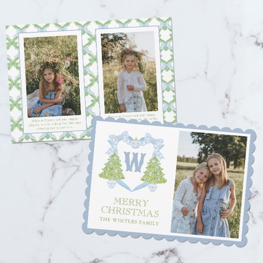 Blue Chinoiserie Christmas Tree Monogram Crest Feestdagenkaart