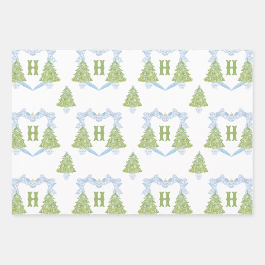 Blue Chinoiserie Christmas Tree Monogram Crest Inpakpapier Vel (Voorkant)