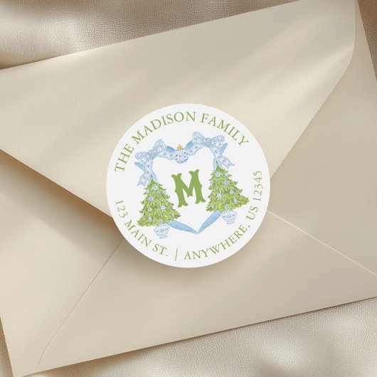 Blue Chinoiserie Christmas Tree Monogram Crest Ronde Sticker