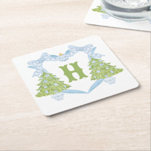 Blue Chinoiserie Christmas Tree Monogram Crest Vierkante Kartonnen Onderzetter