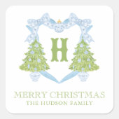 Blue Chinoiserie Christmas Tree Monogram Crest Vierkante Sticker (Voorkant)
