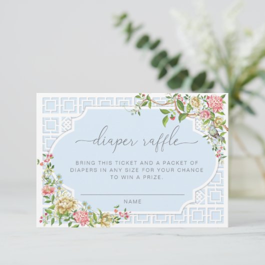 Blue Chinoiserie Diaper Raffle Ticket - Tranon Informatiekaartje (Staand voorkant)