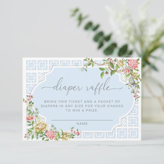 Blue Chinoiserie Diaper Raffle Ticket - Trianon Informatiekaartje (Staand voorkant)