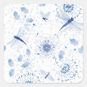 Blue Chinoiserie Dragonfly Floral Vierkante Sticker