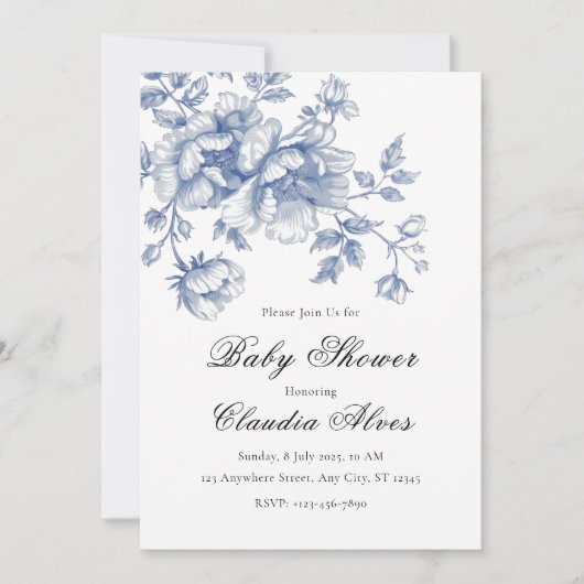 Blue Chinoiserie Floral Baby shower Invitation (Devant)