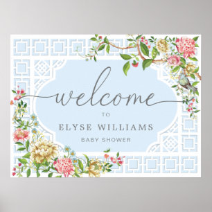 Blue Chinoiserie Floral Baby shower Welcome Sign Poster