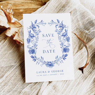 Blue Chinoiserie Floral Porcelain Save the Date Kaart