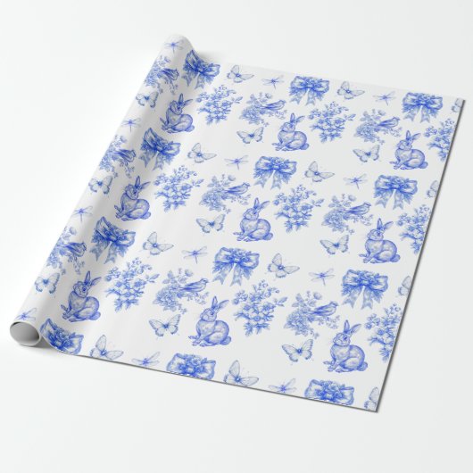 Blue Chinoiserie Garden Rabbit Cadeaupapier (Uitgerold)