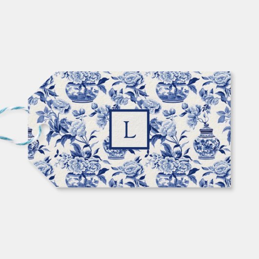 Blue Chinoiserie Monogram  Cadeaulabel (Achterkant Horizontaal)