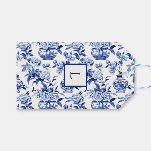 Blue Chinoiserie Monogram  Cadeaulabel (Voorkant (Horizontaal))