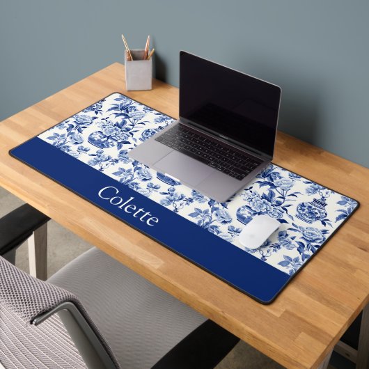 Blue Chinoiserie Monogram Name Bureaumat (Kantoor 2)