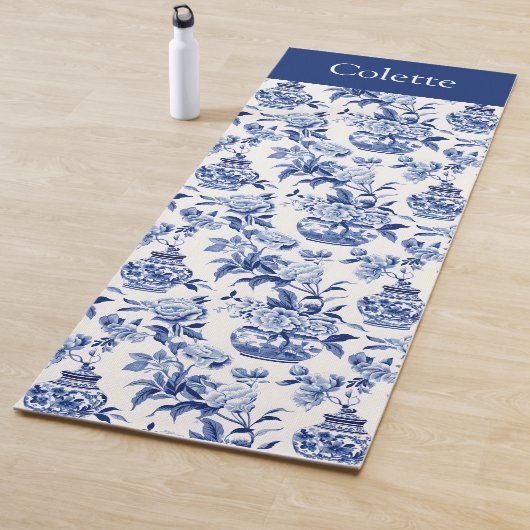 Blue Chinoiserie Monogram Name Yogamat (In situ)