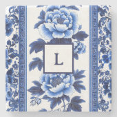 Blue Chinoiserie Monogram Stenen Onderzetter (Voorkant)