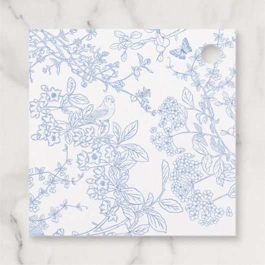 Blue Chinoiserie Toile de Jouy Wedding Save Datum Bedankjes Labels (Achterkant)