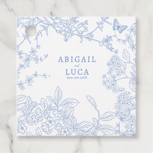 Blue Chinoiserie Toile de Jouy Wedding Save Datum Bedankjes Labels (Voorkant)