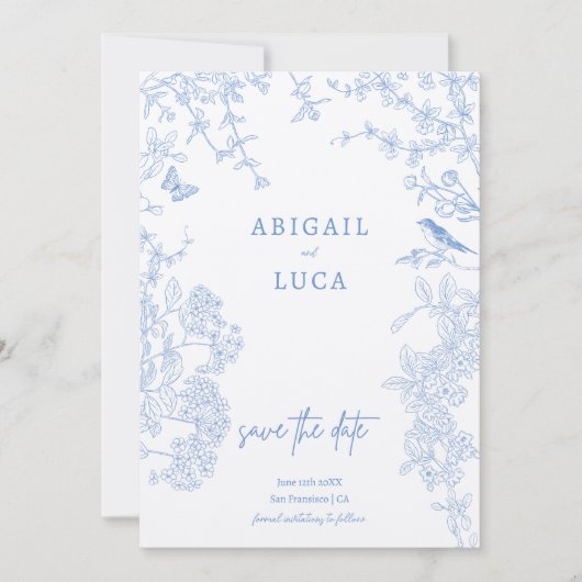 Blue Chinoiserie Toile de Jouy Wedding Save Datum  Kaart (Voorkant)