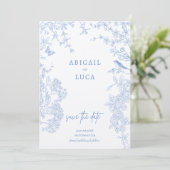 Blue Chinoiserie Toile de Jouy Wedding Save Datum  Kaart (Staand voorkant)