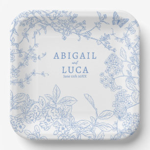 Blue Chinoiserie Toile de Jouy Wedding Save Datum Papieren Bordje