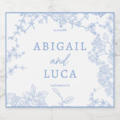 Blue Chinoiserie Toile de Jouy Wedding Save Datum Sparkling Wijnetiket (Enkel label)