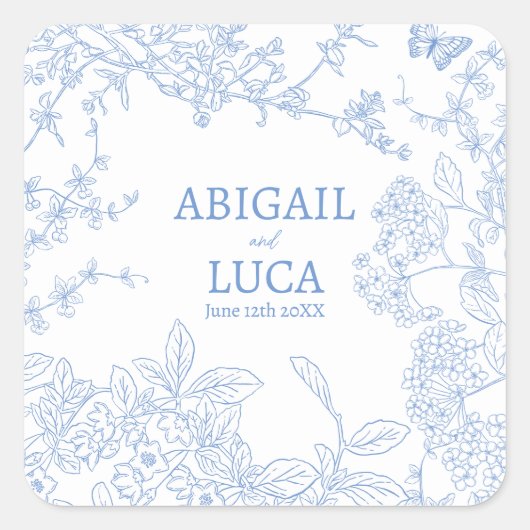 Blue Chinoiserie Toile de Jouy Wedding Save Datum Vierkante Sticker (Voorkant)