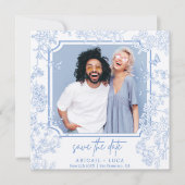 Blue Chinoiserie Toile Wedding Save Date Foto Kaart (Voorkant)