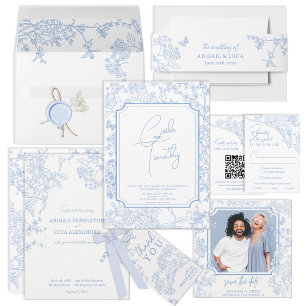 Blue Chinoiserie Toile Wedding Save Date Foto Kaart