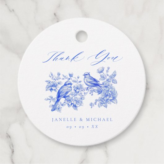 Blue Chinoiserie Tortelduifjes bruiloft Bedankjes Labels (Voorkant)