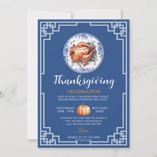 Blue Chinoiserie Turkije Thanksgiving Kaart (Voorkant)