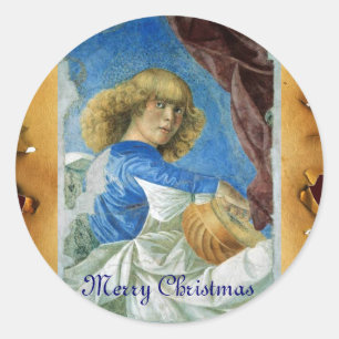 BLUE CHRISTMAS ANGEL MAKING MUSIC OUD PARCHCHMENT RONDE STICKER