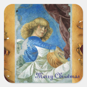 BLUE CHRISTMAS ANGEL MAKING MUSIC OUD PARCHCHMENT VIERKANTE STICKER