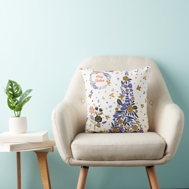  Blue Christmas Bird Flowers Tree Kussen (Stoel)